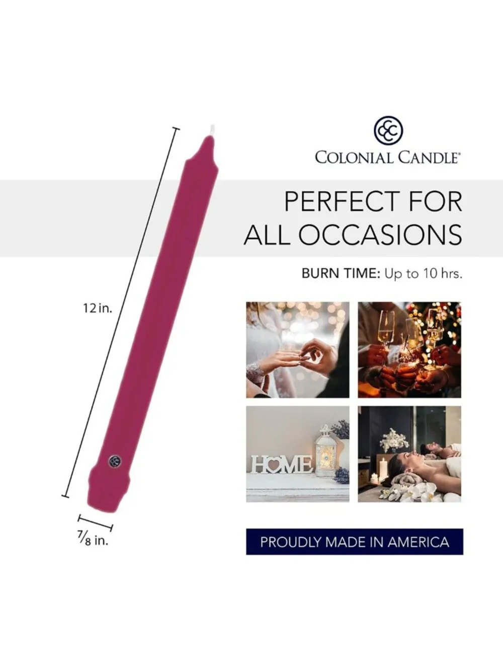 12-Pack Unscented Taper Candles, 12-Inch Mulberry Color, Long-Lasting Burn